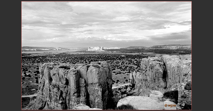 <Black and white photo of stunning SouthWest panorama>
