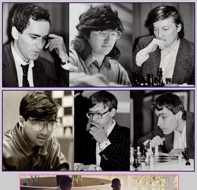 Pictures of chess champions Kasparow, Kramnik, Karpow, Anand, Kamsky, Ivantchuk. Picture of young Bacrot with 5 young chess affinados...