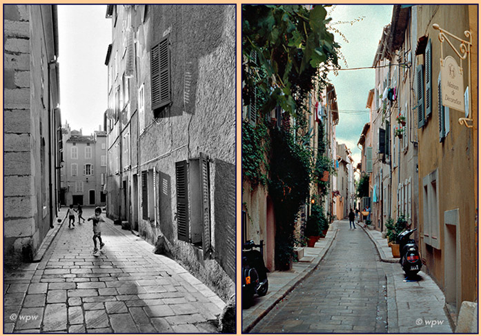 <2 images by Wolf Peter Weber of Provence quaint street life>