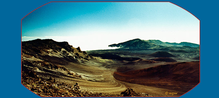 <panoramic view of Haleakala crater, early morning light>