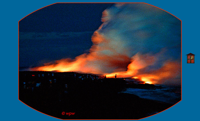 <People silhouettes against Kilauea volcano lava flow and fumes at night>